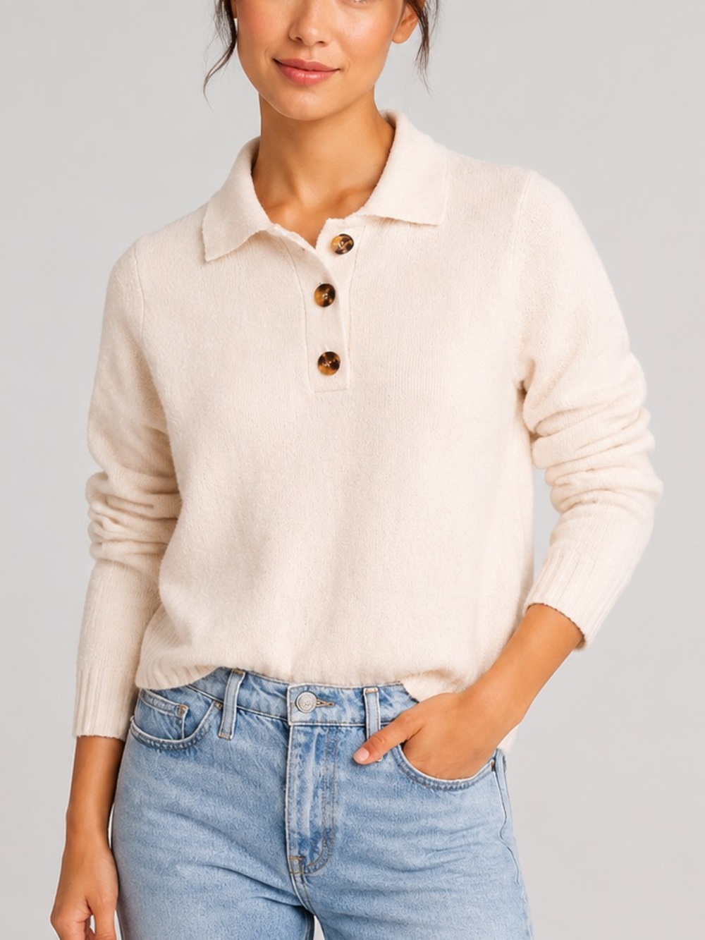 ππΎ French Connection Cream Knit Polo Sweater Wool Blend Soft Stretchy Size S